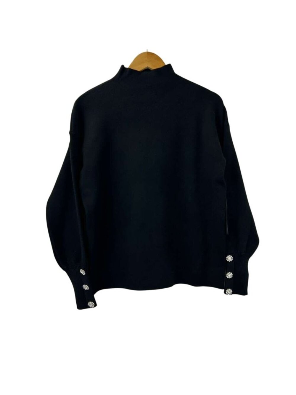 Tahari Womens M Sweater Pearl Rhinestone Cuffs Black Mock Neck Knit Pullover NWT